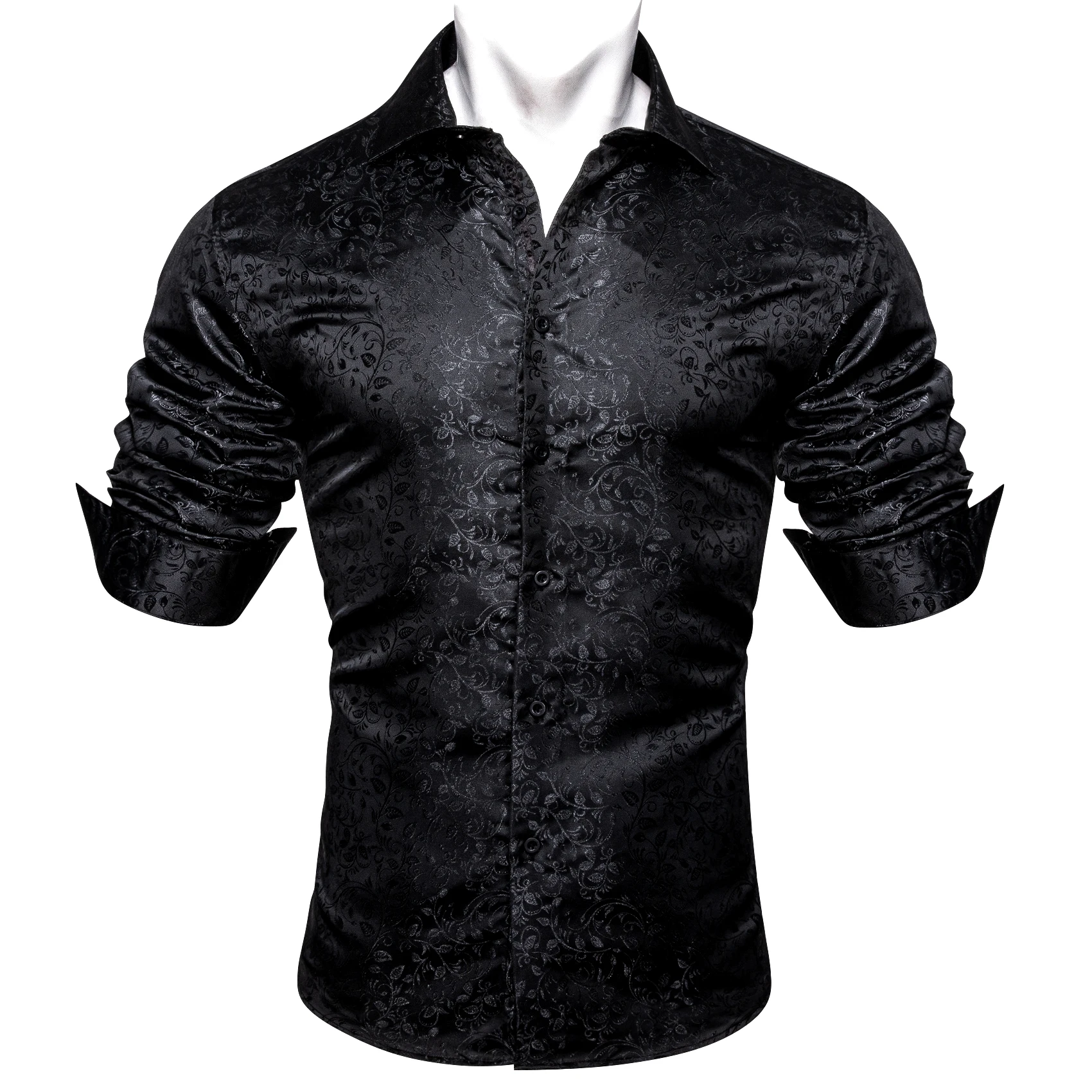 Designer Men Silk Shirt Fashion Jacquard Lapel Floral Luxury Men Long Sleeve Casual Fit Shirt Wedding Party Business Barry.Wang