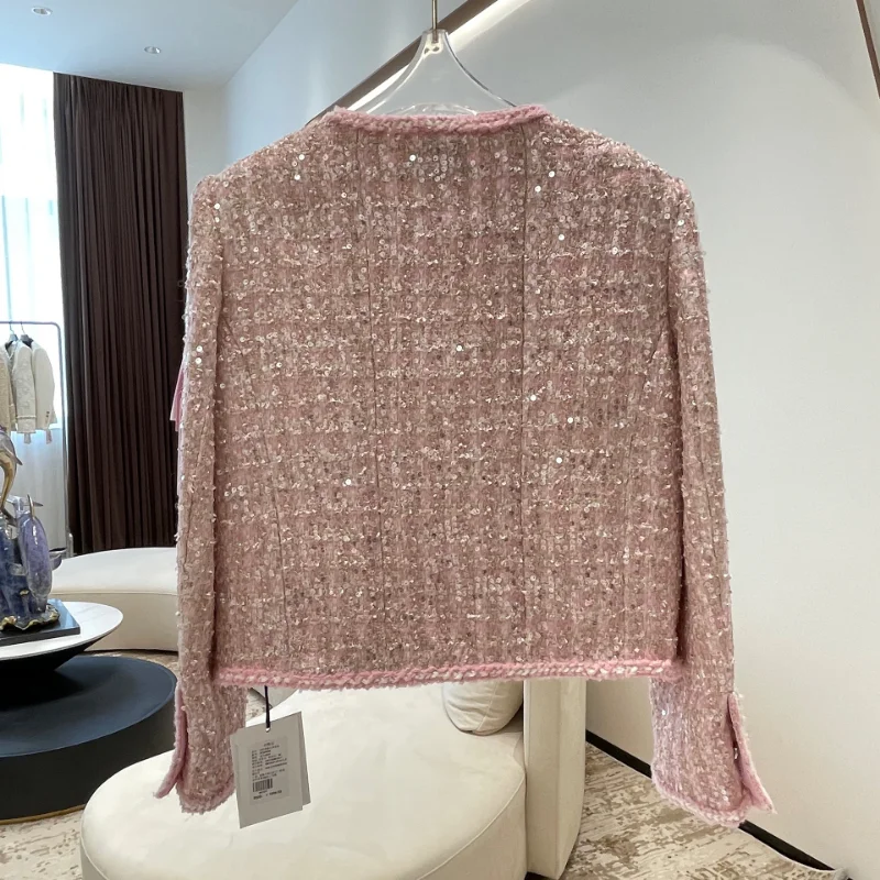 Pink Shiny French Small Fragrance Lady Coat Sequined O Neck Long Sleeve High Quality Sweet Casual Loose Chic Tweed Women\'s Coat