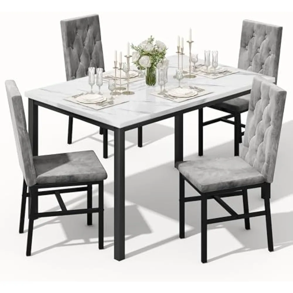 Dining Table Set for 4 Faux Marble Kitchen Table Chairs Set of 4, Luxurious Button Tufted Dining Room Chairs