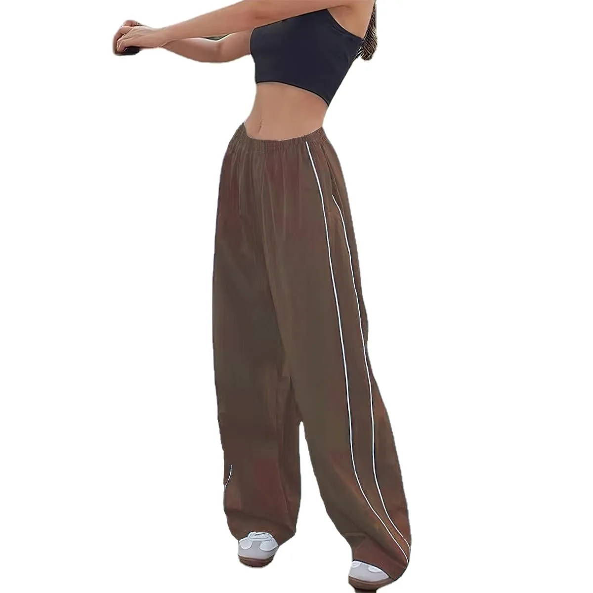 Moda feminina cordão ambos os lados casual cintura elástica calças esportivas cintura alta solta calças largas perna