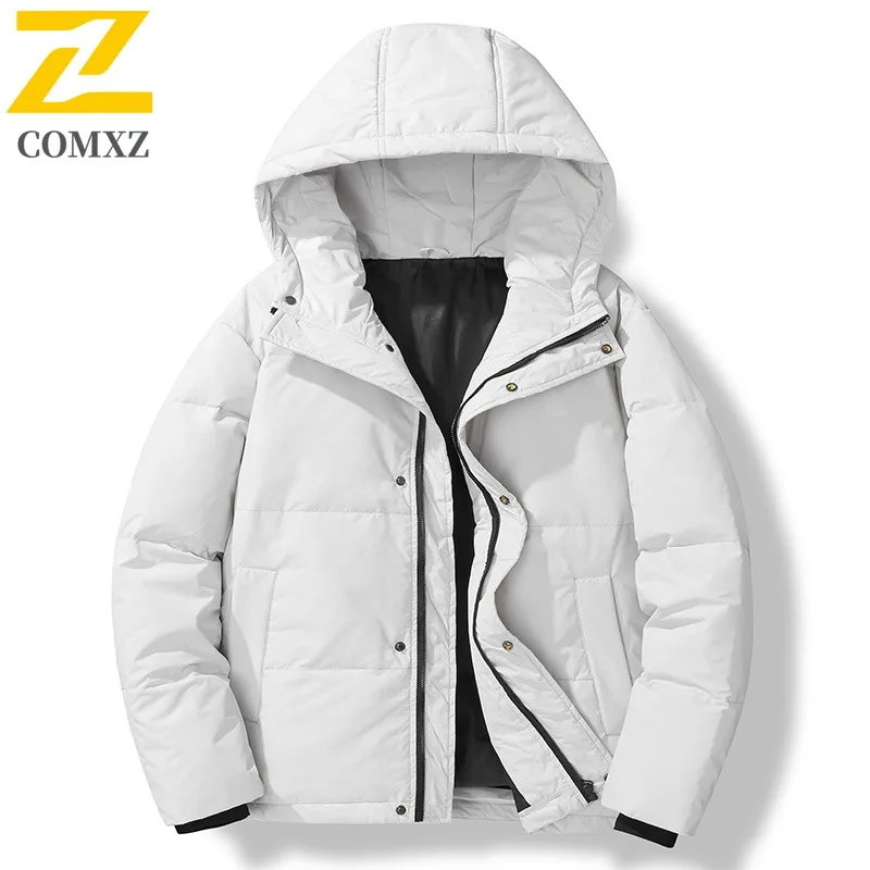 COMXZ الرجال أسفل سترة جديدة الحد الأدنى مقنعين سميكة الدافئة التزلج سترة منفوخة الشارع خفيفة الوزن مقاومة البرد الشتاء سترة