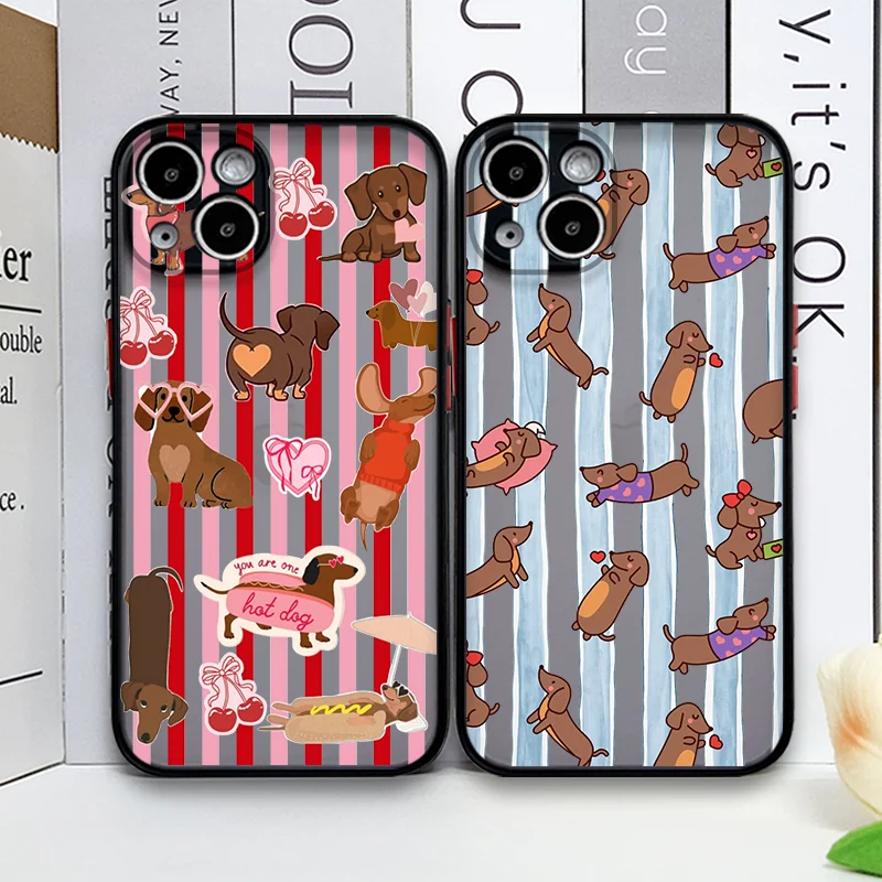 Niedliche Tier-Würstchenhund-Handyhülle für iPhone 17 16 Pro Max 15 14 13 12 11 Mini X XS 7 Plus – Dackel gestreift bedruckte Hartschale