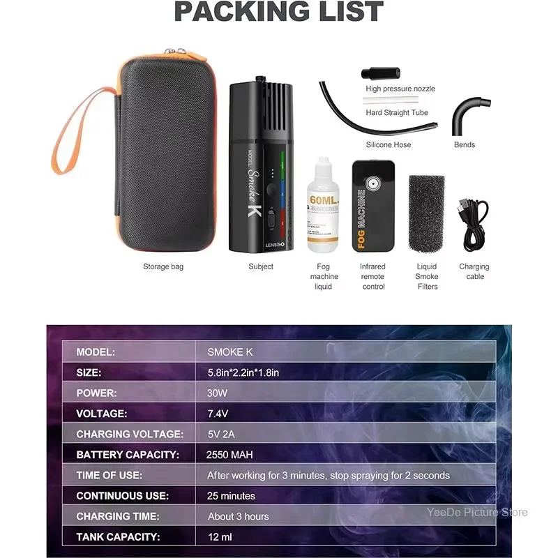 LENSGO Smoke K 30 Вт Ручная машина для тумана с эффектом дыма и сухого льда для студии, короткая видеосъемка, сценическое исполнение, атмосфера