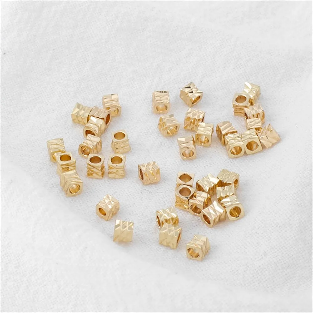 100pcs 14K Gold Package with Color Preservation, Embossed Square Beads, DIY Jewelry Accessories, Loose Beads, 3mm