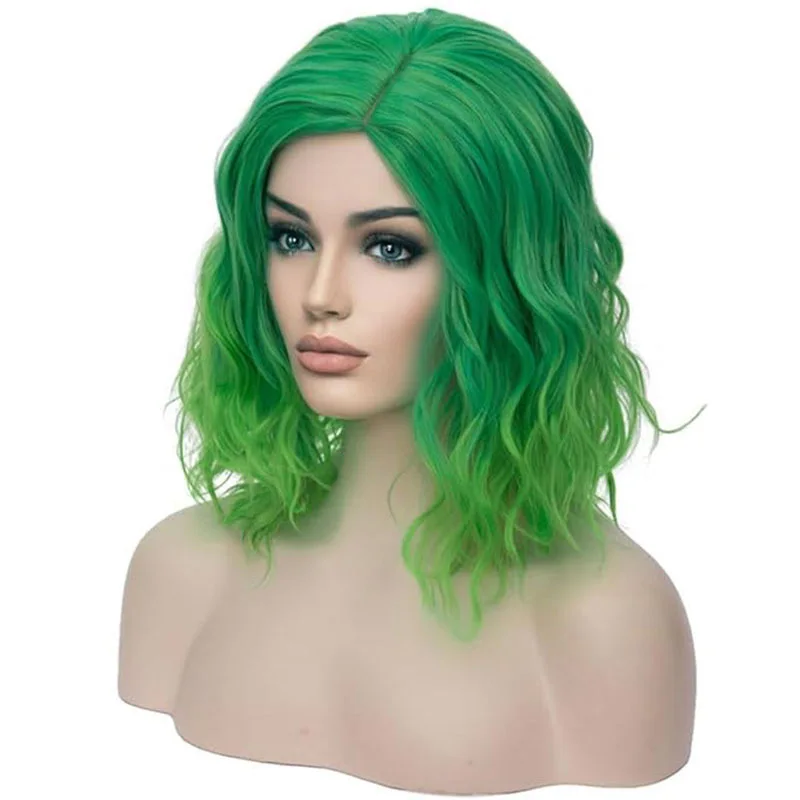 2024 Fancy Synthetic Green Ombre Wig For Women Short Curly Wavy Bob Wigs Halloween Cosplay Wigs Heat Resistant Bob Party Wig image 2