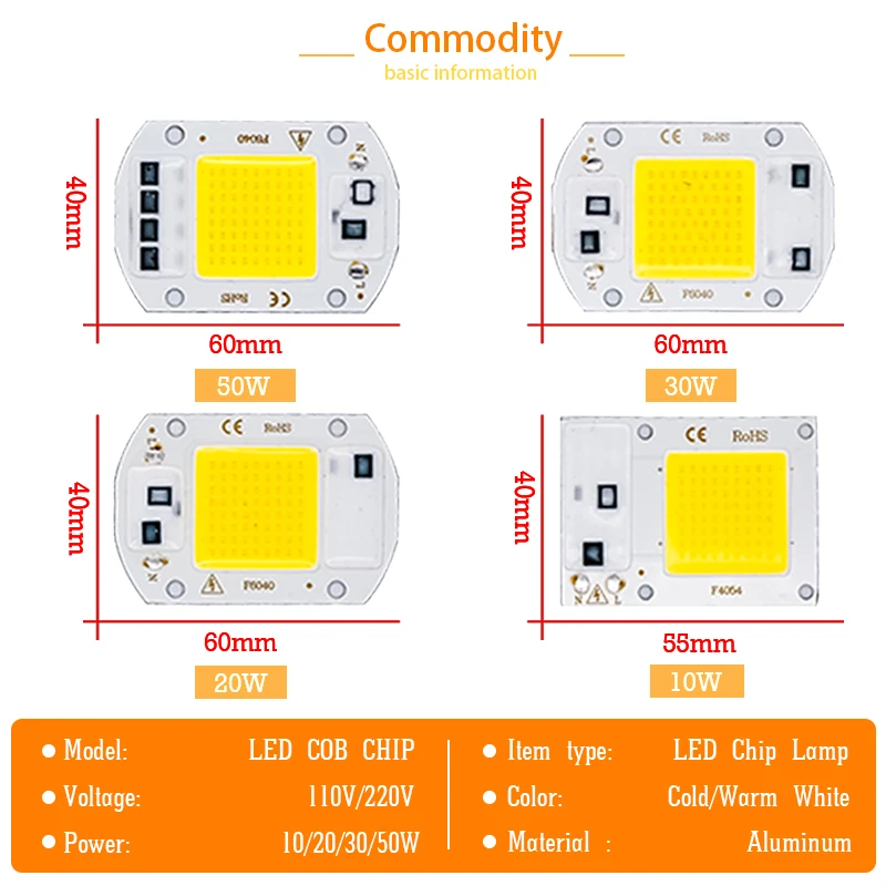 LED COB Lamp Chip 10W 20W 30W 50W AC110V 220V IP65 Smart IC Led Beads DIY for Floodlight Spotlight Accessories Cold Warm White