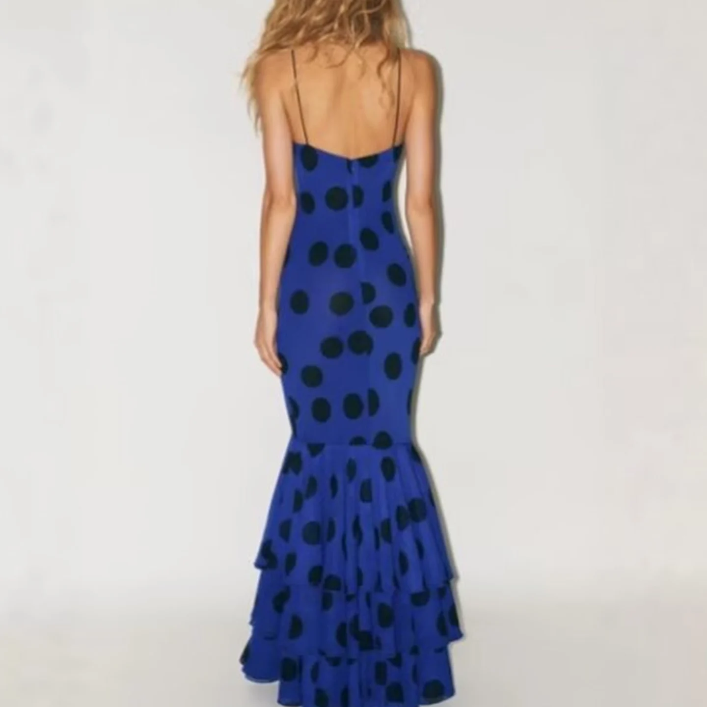 Sexy polka dot chiffon alça longa dr com babado decoração em camadas design casual sle feminino dr fibra de poliéster