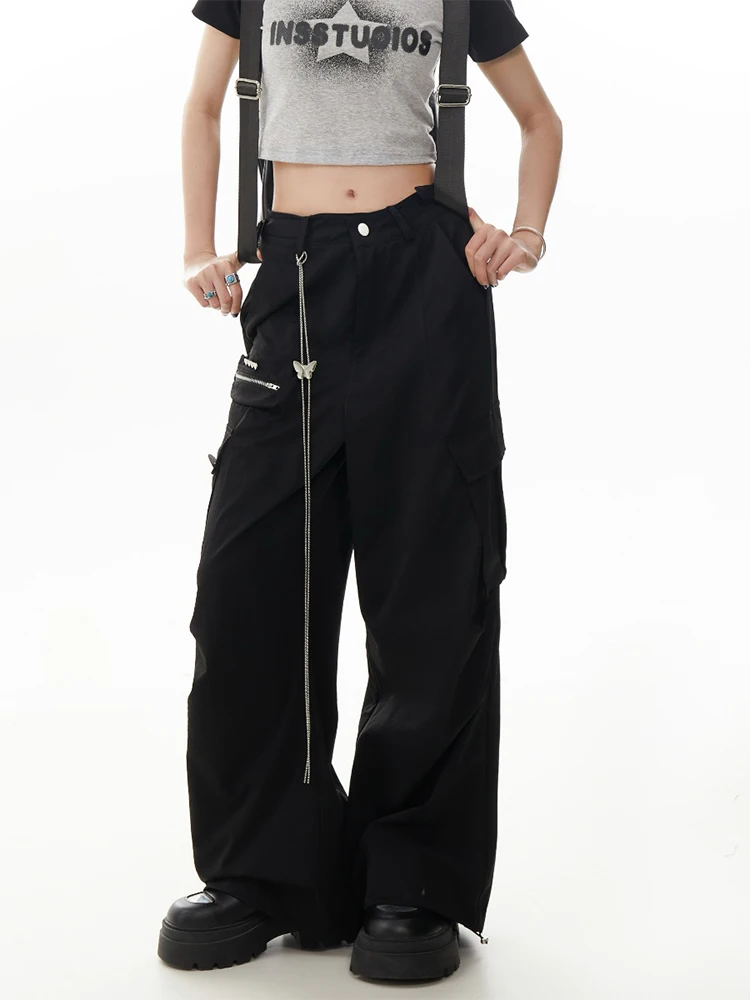 Women's Grey Y2k Cargo Pants Harajuku Aesthetic Streetwear Parachute Pants Japanese 2000s Style Vintage Trousers Fashion Clothes