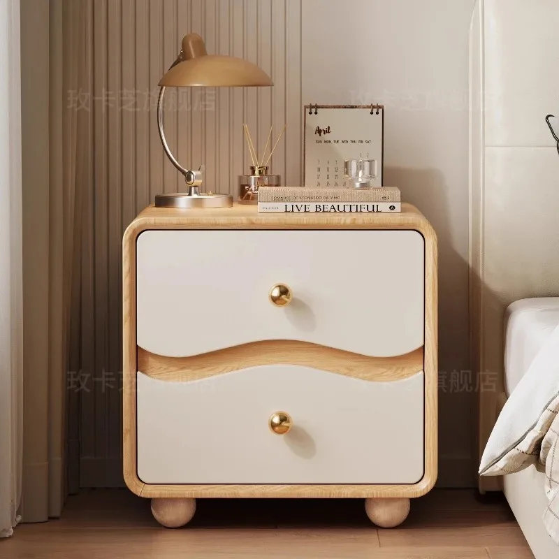 

Solid Wood Bedside Table,Creative Cream Color Nightstand,Modern Minimalist Storage Cabinet with TwoTier Drawer，Bedroom Organizer