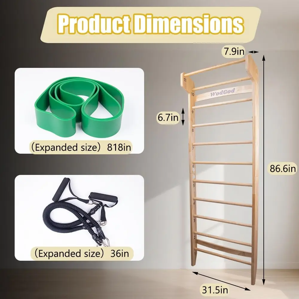 سلم خشبي سويدي مع 11 قضبان استراتيجية، مع حامل يصل إلى 330 رطلاً، قضيب كشك، يشمل أشرطة التمرين + شريط مقاومة للسحب + Pu #2