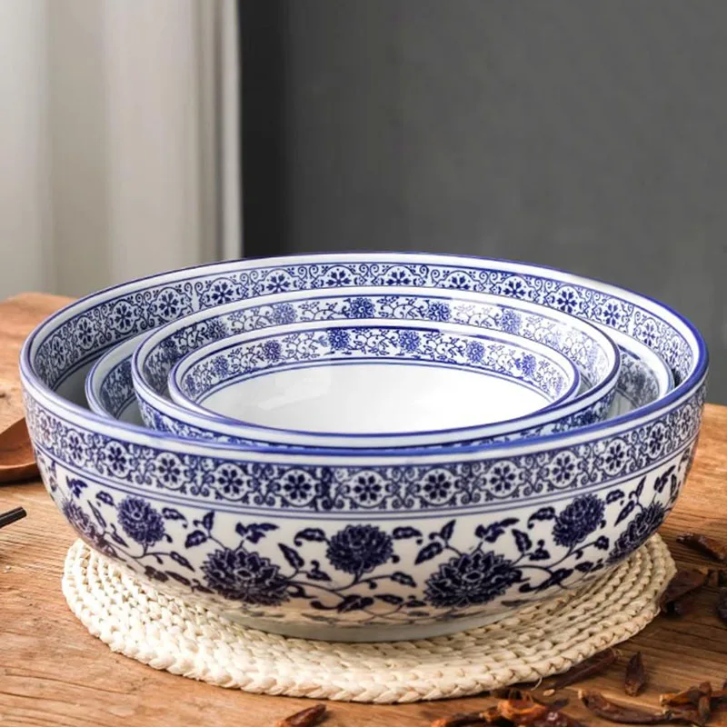 Chinese Ceramic Big Bowl Blue and White Porcelain Ramen Soup Bowls Salad Bowl Pickled Cabbage Fish Boiled Fish Hotel Tableware