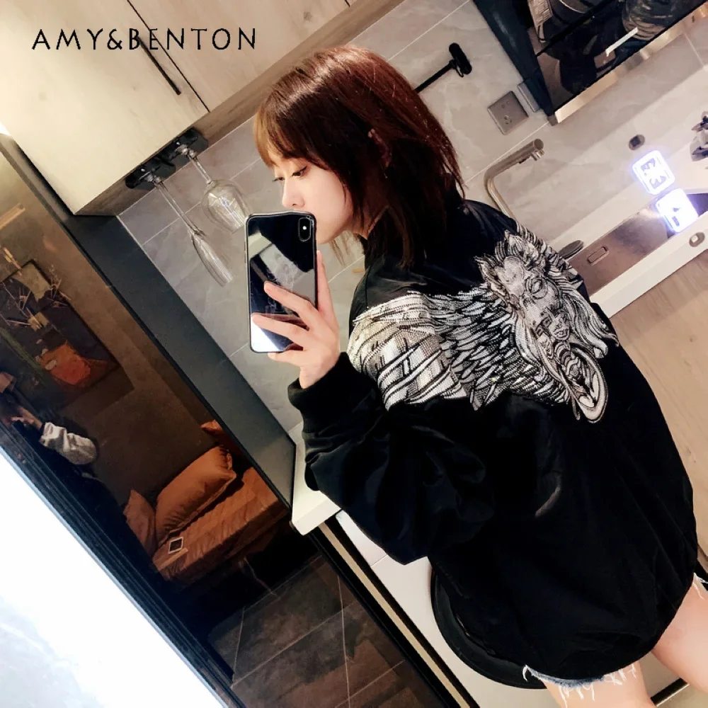 2023 Autumn Baseball Uniform Jacket Casual Jacket Workwear Rhinestone Batwing Men's And Women's Loose Fashion Zipper Trench Coat