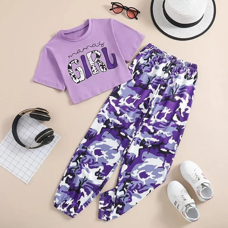 

Clothes Sets For Girls 8-12 Years Purple Cartoon Letters Printed T-Shirt & Camouflage-Color Pants 2Pcs Casual Style Kids Suits