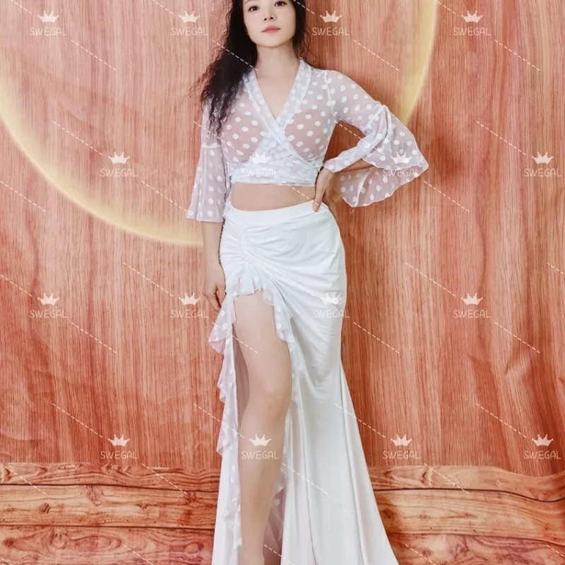 فستان رقص شرقي مخصص ممارسة الزي أزياء الرقص الشرقي الدانتيل زهرة صافي البوق كم مع تنورة شق الدانتيل #5