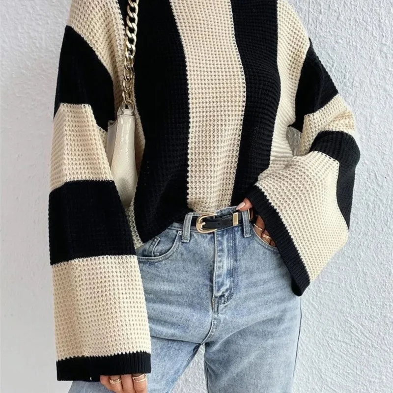 Women\'s Fashion Long Sleeve Sweater Pullover Round Neck Off Shoulder Sweater Casual Knitted Sweater Tops Coat Sweater