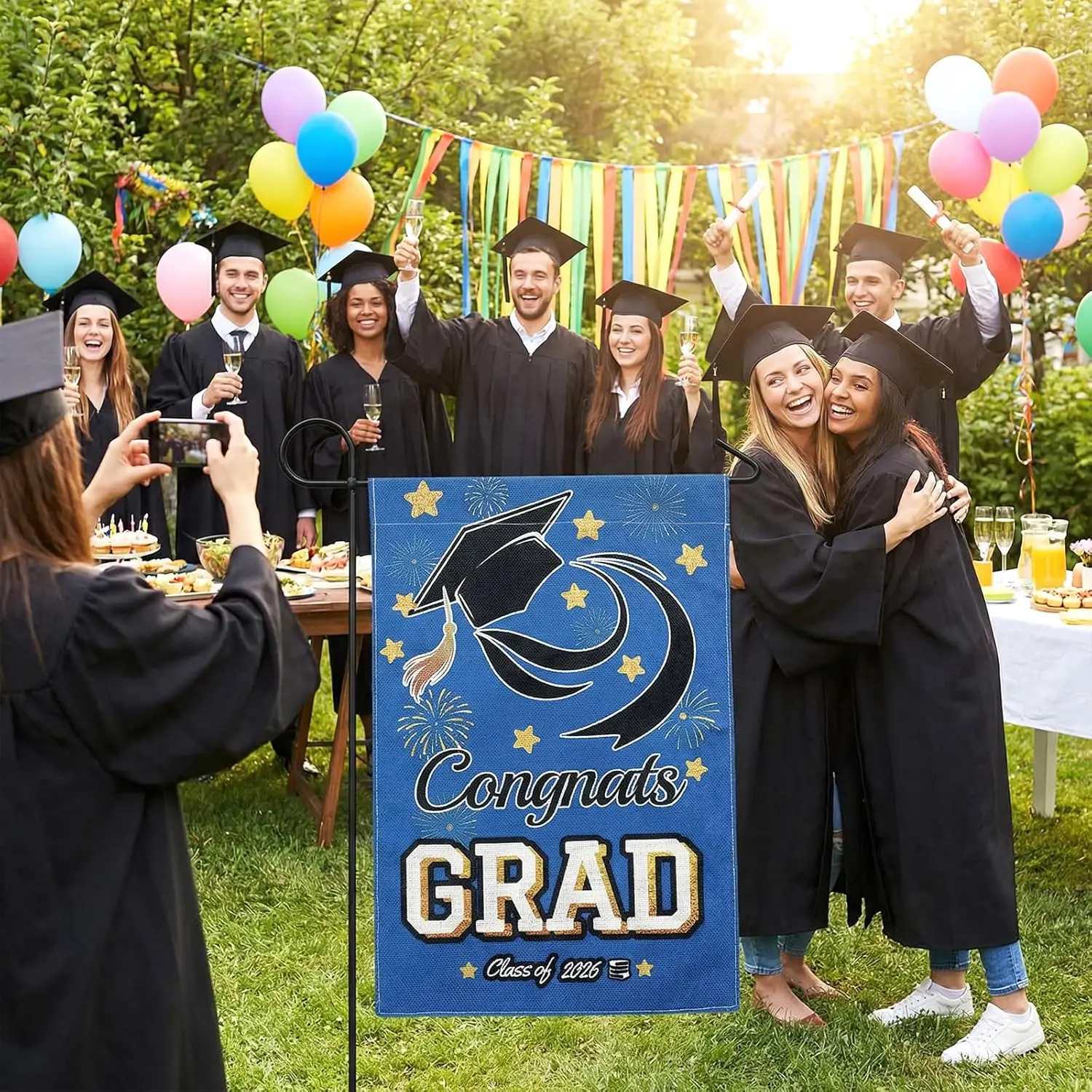 1pcs Blue Congrats Grad Garden Flag Double Sided Class Of 2026 Graduation Ceremony Washable Easy to Install for Graduating A jjp
