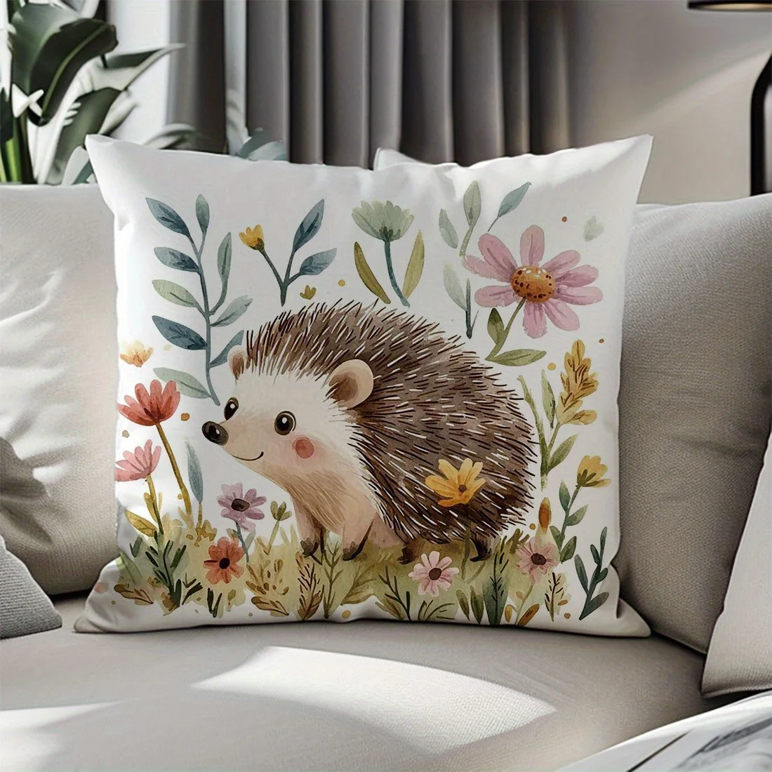 1pc Watercolor Hedgehog Floral Printed Throw Pillow Cover,Suitable for Sofa,Bedroom,Living Room,A Fresh Gift for Animal Lovers