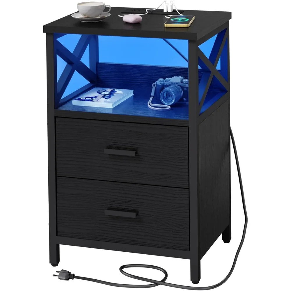 

LED Nightstand with Charging Station, Side Table with USB Ports and Outlets, End Table for Small Spaces, Bedside Tables