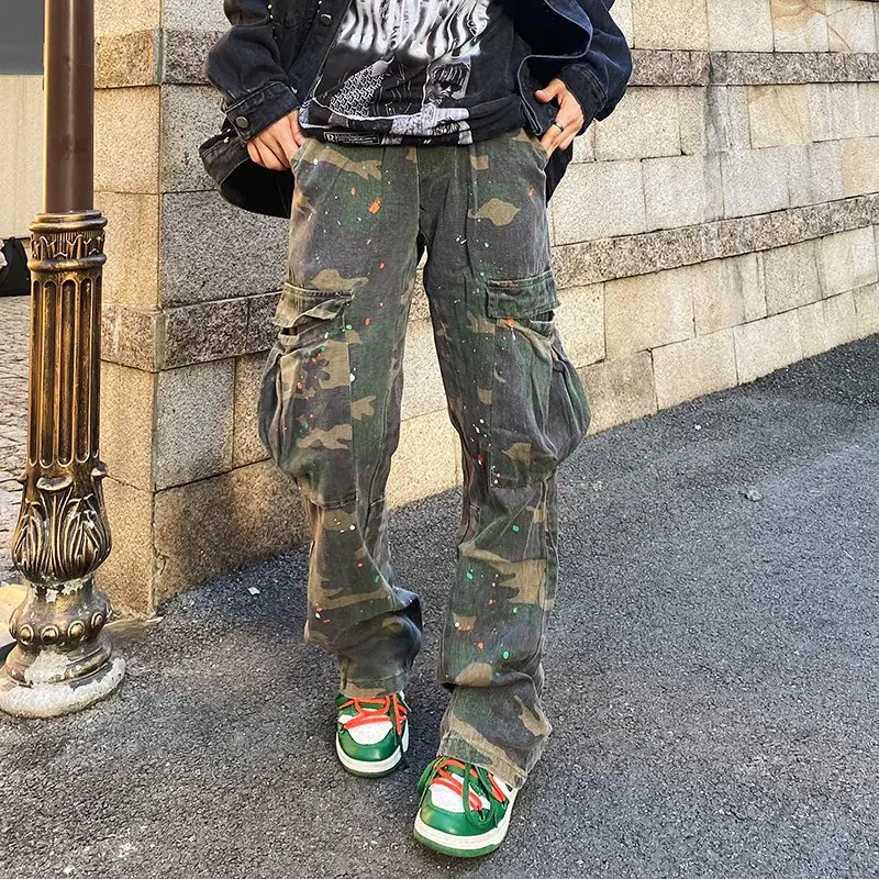 Calças de treino folgadas camufladas para homens e mulheres, bolsos laterais, corredores esportivos, calças soltas casuais, nova moda, 2022