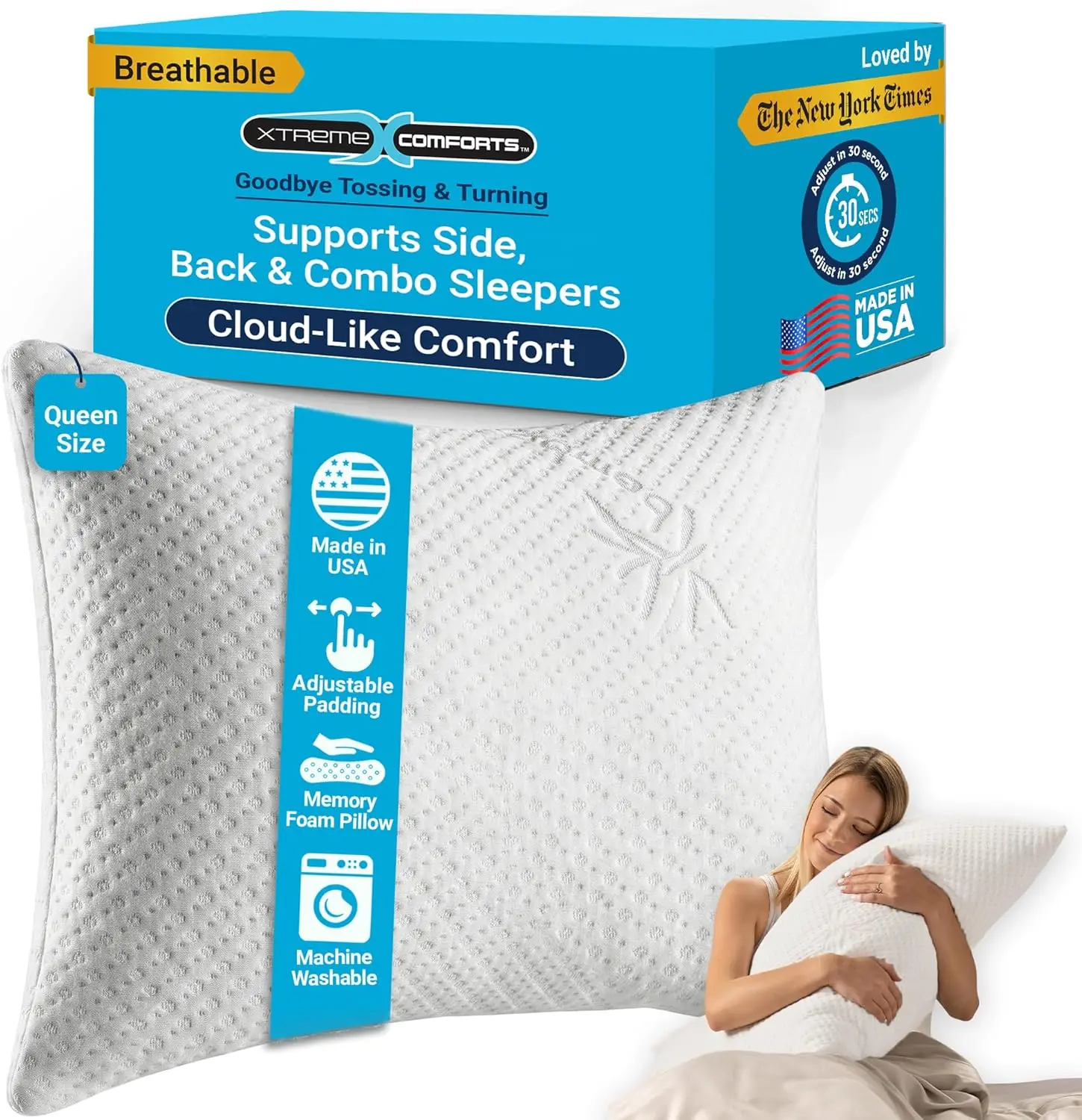 

Adjustable Memory Foam Pillow with Cooling Cover for All Sleep Positions, Machine Washable, Queen Size