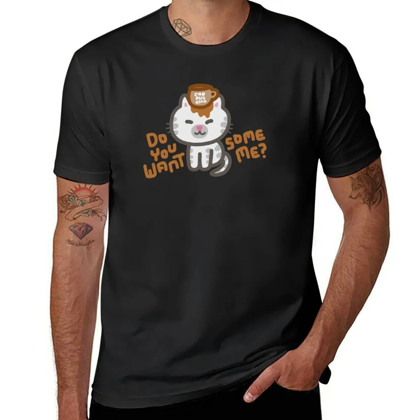 Cat with cappuccino cup on head : Do you want some me? T-Shirt aesthetic clothes summer clothes blanks Short sleeve tee men