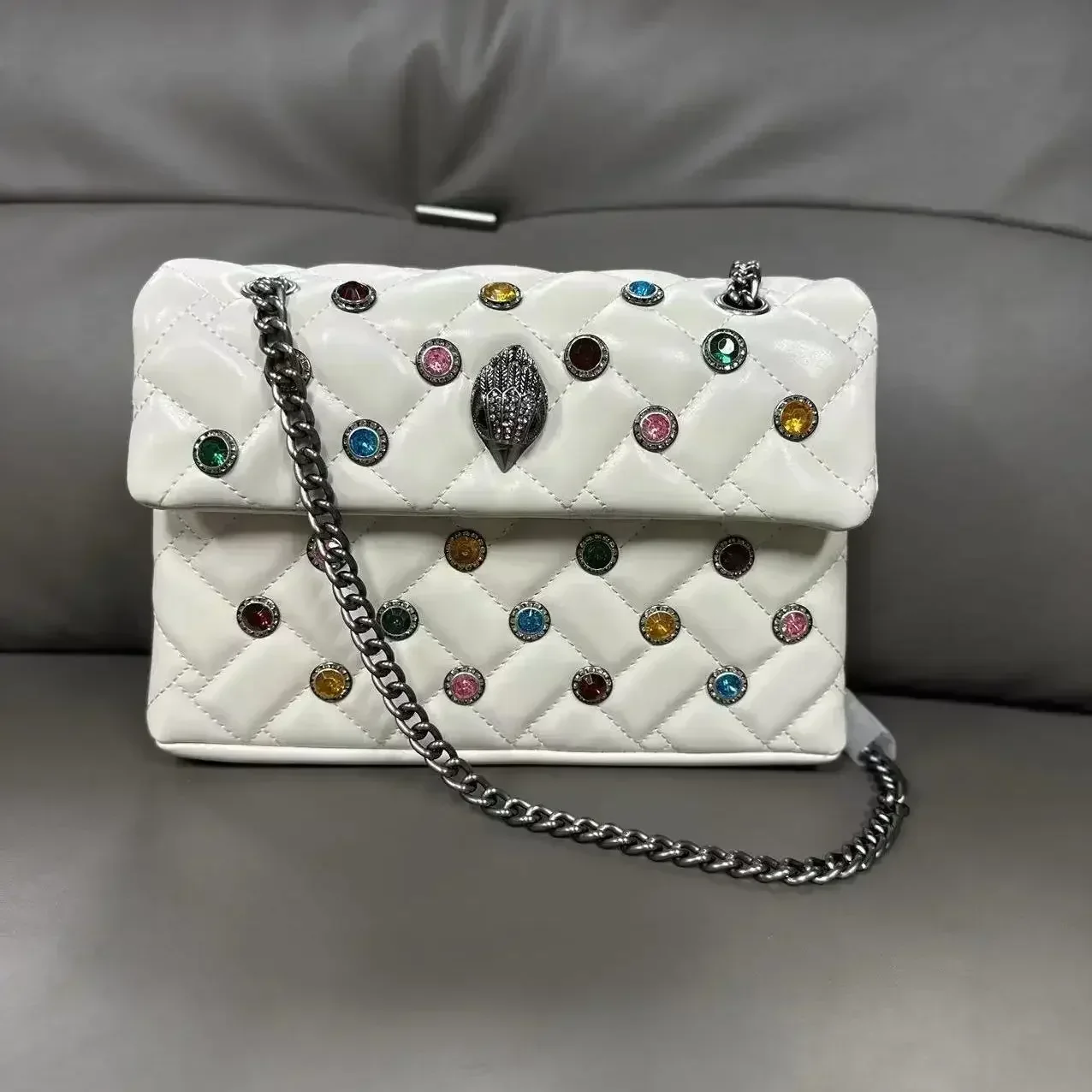 Bolso británico con cabeza de águila Kurt Geiger, pequeño bolso con forma de rombo de viento fragante, hilo bordado con diamantes, bolso cruzado con cadena de un hombro Y