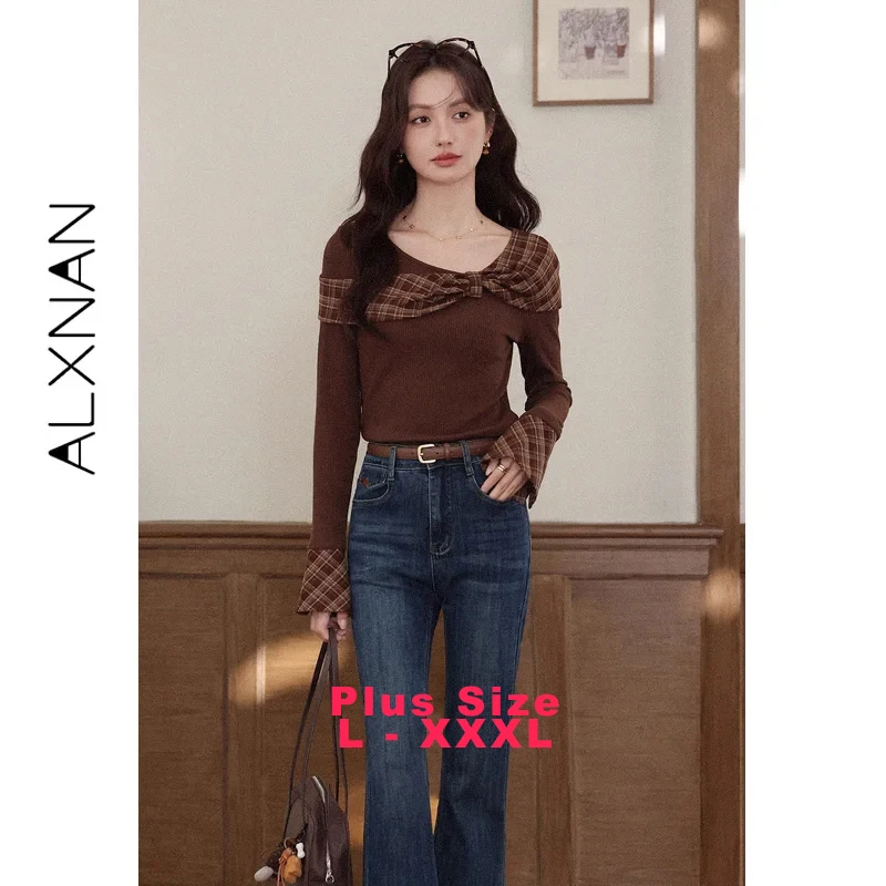 

ALXNAN Plus Size Brown T-shirt One-Shoulder Color Block Plaid Patchwork Long Sleeve Tees Casual Slim-fit Women's Tops D58527