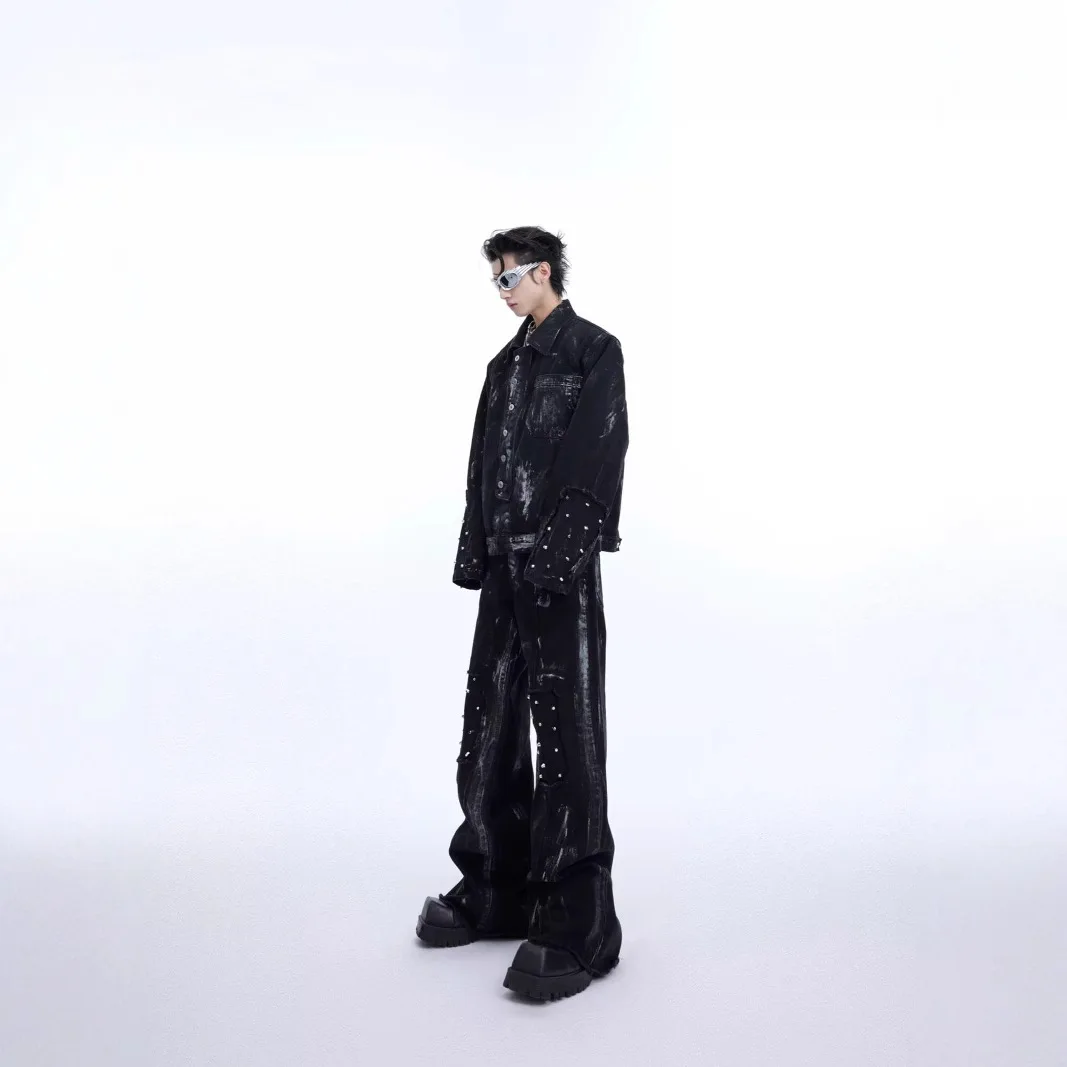 2025 New Vintage Men's Denim Pants Fashion Hip Hop Gothic Wide Leg Jeans and High Street Style Jacket Japan Korean Streetwear