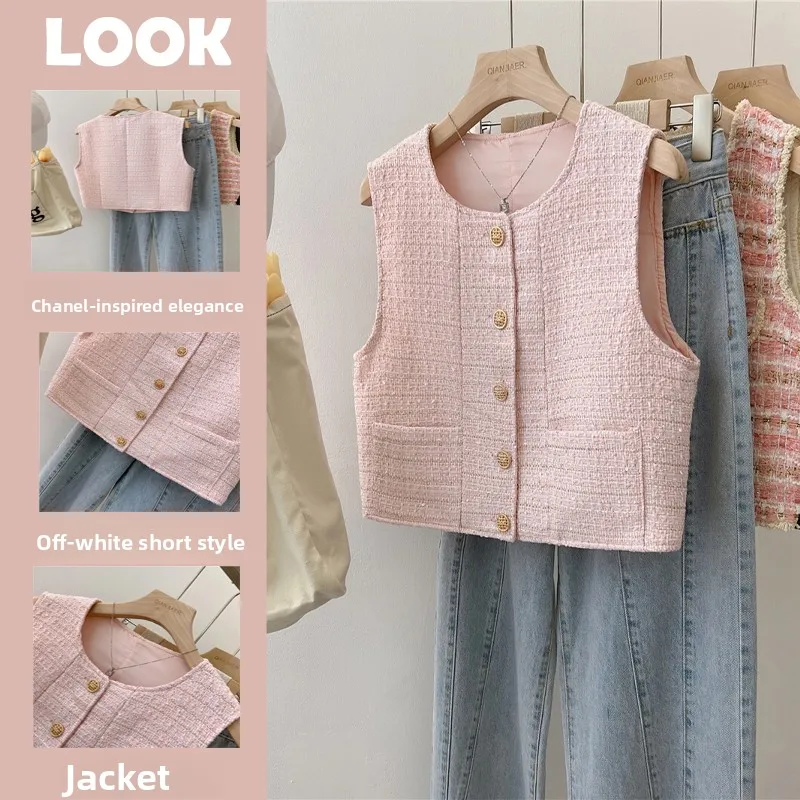 

Летний женский вязаный жилет Svel Small Fraance Sle персиково-розовый Tagl Faion круглый Ne ort Длина на одной пуговице