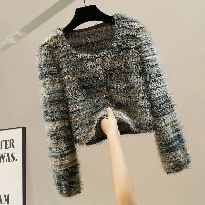 

Soft Long Sve Sweater Faionable Design Plu Square Collar Single Button Ele Age-Defng Top Commute Sle