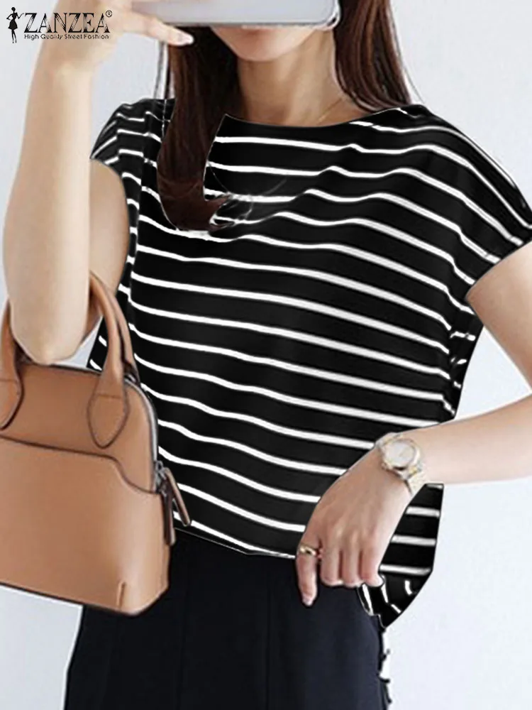 ZANZEA Fashion Summer Striped Blouse Women Elegant Short Sleeve OL Work Tops Korean Stylish Party Blusas Female Casual Shirt