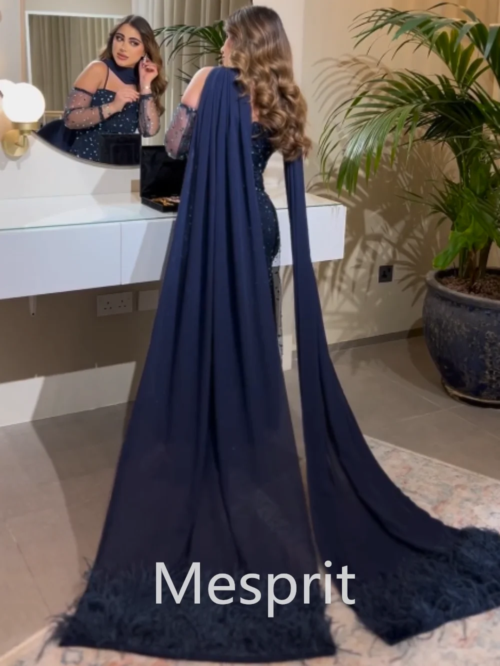 Mesprit Exquisite Simple Off-the-shoulder Sheath Evening Dresses Rhinestone Tassel Stole Halter Straps Chiffon Custom Dress