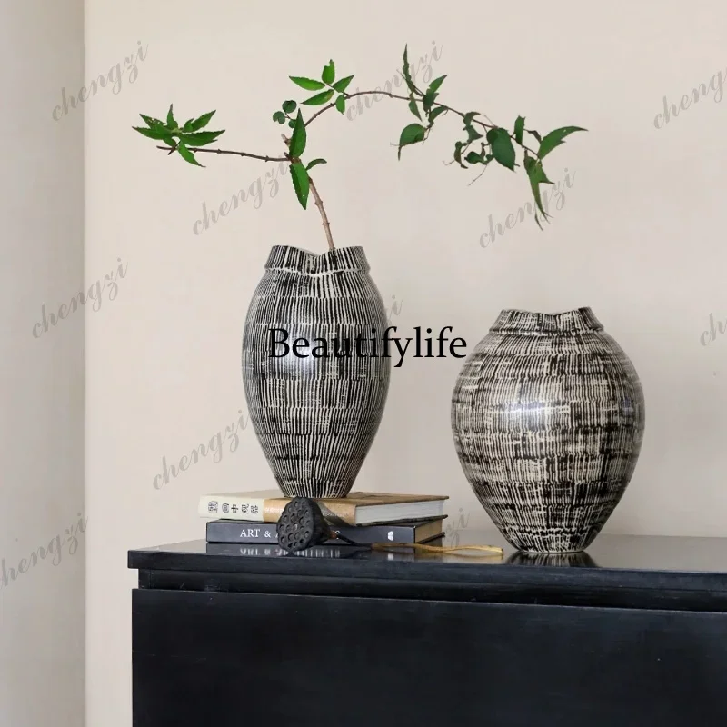 10Jingdezhen ceramic vase ornament Chinese-style pottery pot light luxury living room large flower arrangement large diameter