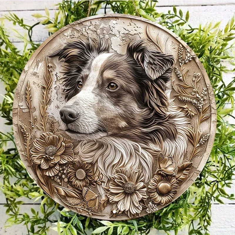 Border Collie Metal Wall Sign, Round Aluminum Door Hanger, Floral Design, HD Print, Waterproof, Weather Resistant, Home Decor