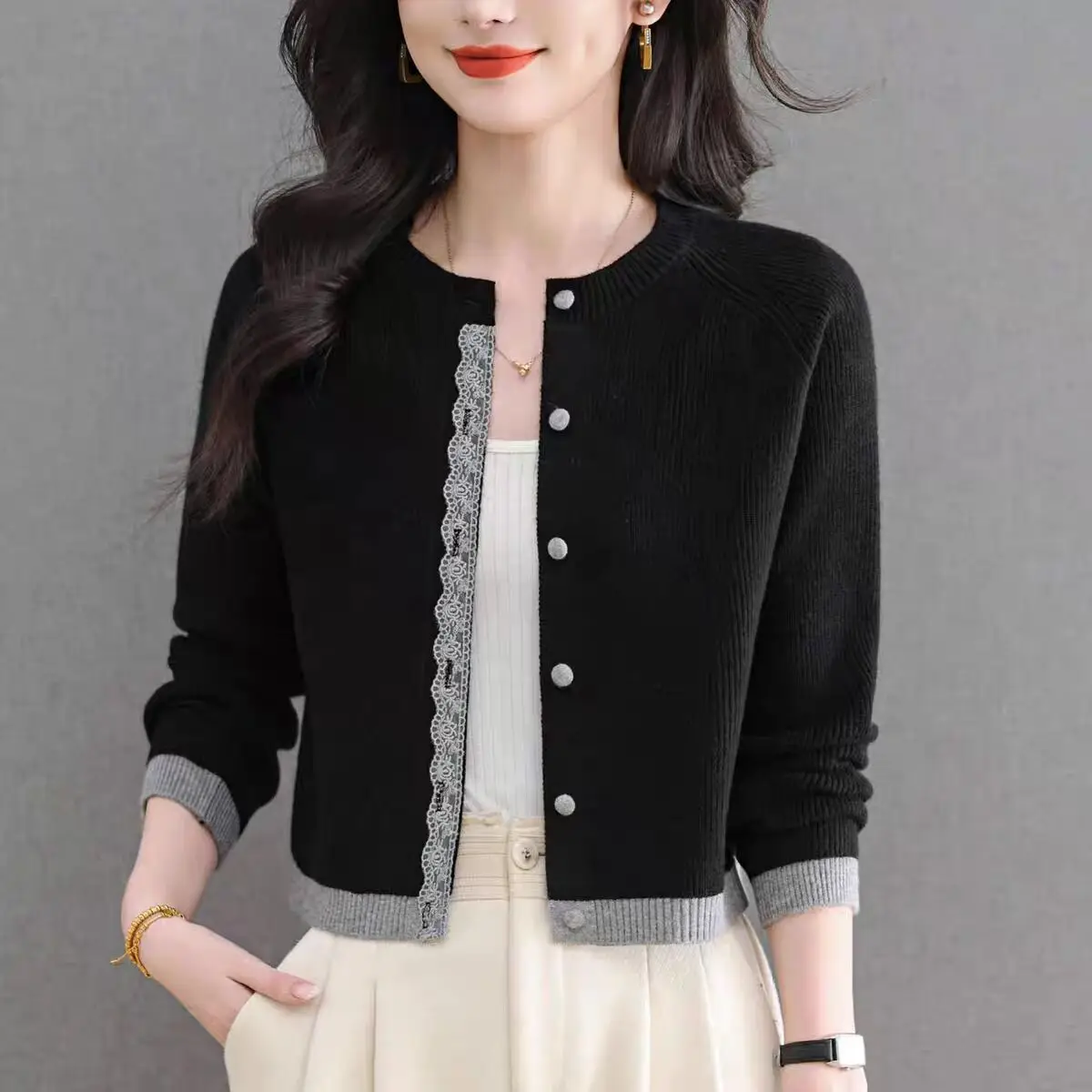 High-end redondo ne renda guarnição ort malha aberta cardigan feminino jaet primavera outono novo sle casual ajuste mistura de lã macia