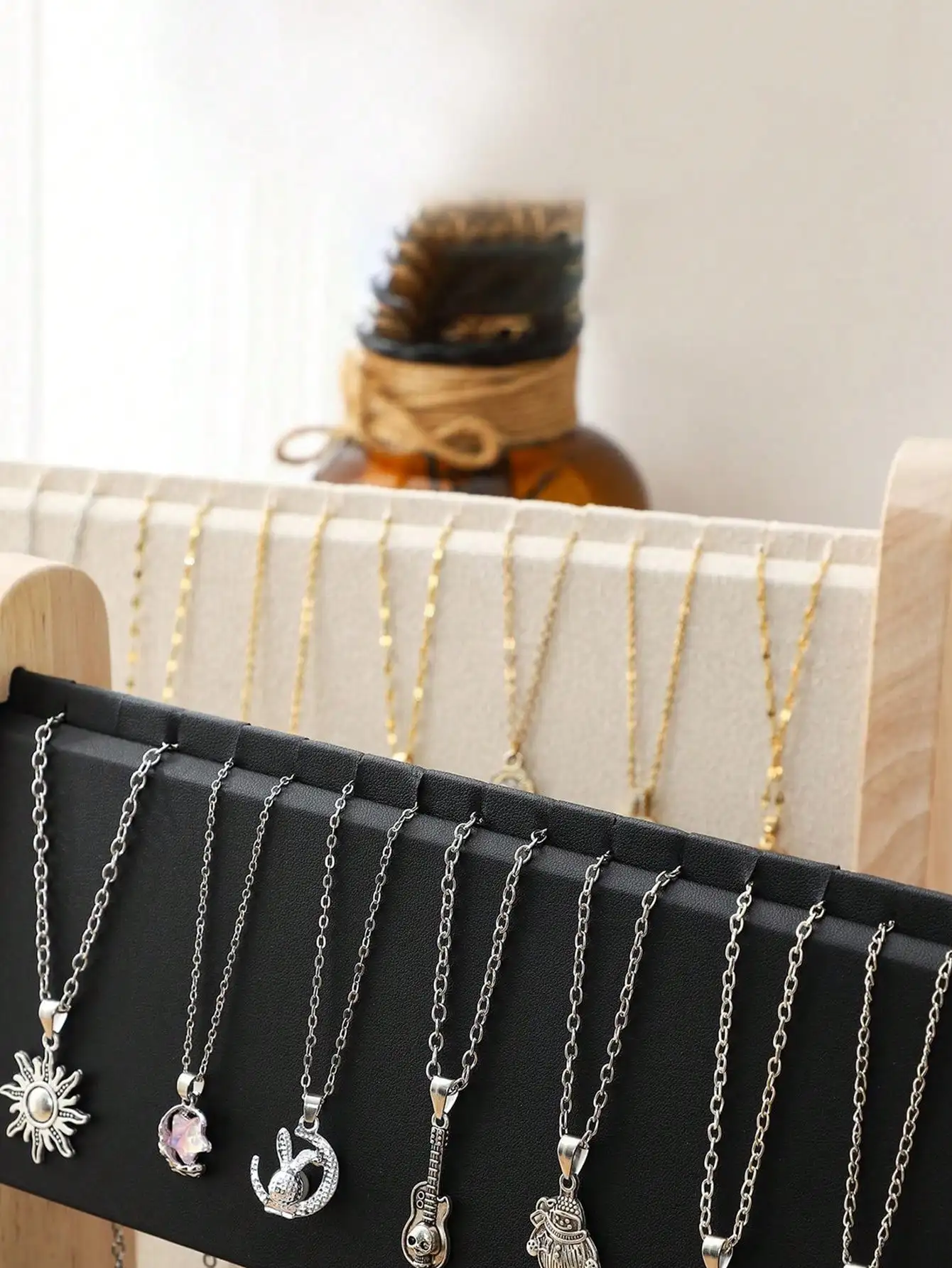 2 Tier Wooden Necklace Display Stand, Jewelry Organizer Storage Rack for Bracelets, Watches & Bangles, Wood Countertop Display Tower for Home, Boutique & Craft Show, Brown