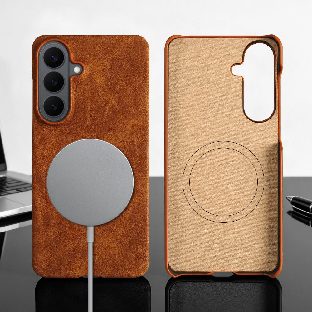Magnetic Soft Skin Leather Case For Samsung Galaxy S26 Plus S24 Ultra S23 FE S25 Edge S21 S22 Back Cover For Magsafe Phone Cases