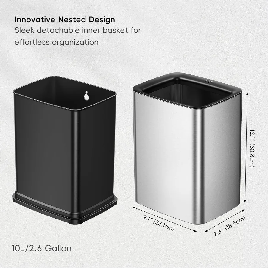 سلة مهملات عصرية مفتوحة من الفولاذ المقاوم للصدأ غير اللامع مع سلة داخلية قابلة للإزالة لغرفة نوم الحمام والاستخدام المكتبي 2.6 جالون 10 لتر