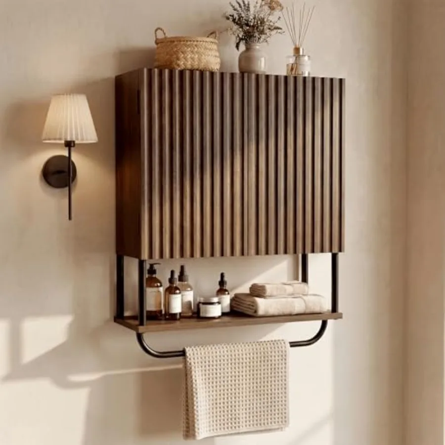 

Farmhouse Fluted Bathroom Wall Cabinet, 3-Tier Curved Profile Wooden Medicine Cabinet with 2 Doors, Over the Toilet Storage Cab