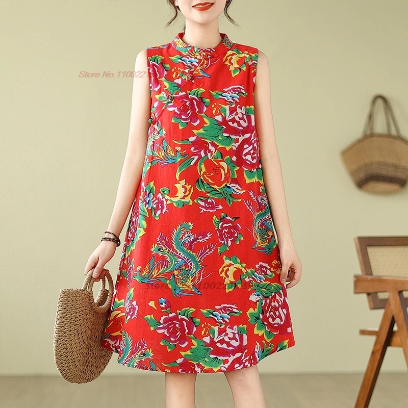 

2024 traditional chinese vintage qipao dress national flower print cotton linen cheongsam dress oriental sleeveless a-line dress