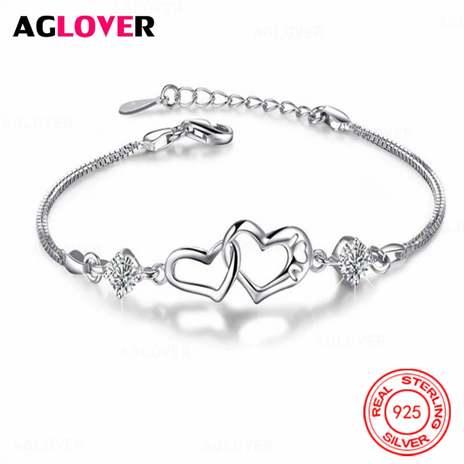 

AGLOVER 925 Sterling Silver Double Heart Heart to Heart Zircon Bracelet Charm Cute Women Party Jewelry