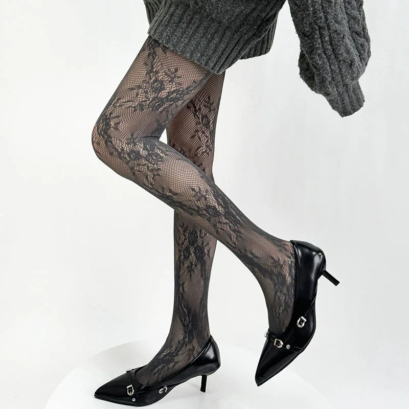 Lace Flower Bottomed Stockings Women Gothic Black White Mesh Hollowed Pantyhose Floral Rattan Stocking Classic Sexy lace Tights image 2