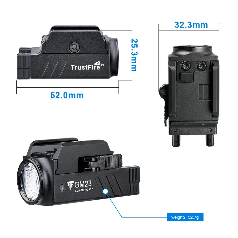 Trustfire GM23 taktyczne latarki Led 800 lumenów montowane na szynie szybkozłączka USB akumulatorowe światło broni dla Taurus Glock 17 19