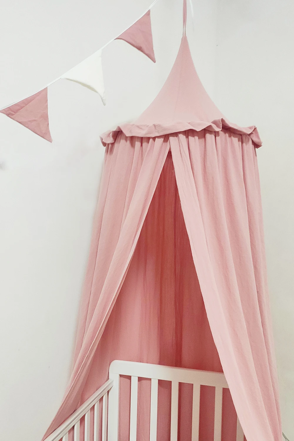 100%  Cotton Crib Kids Room Deco Baldachin with Frill Bed Curtain Canopy for Nursery