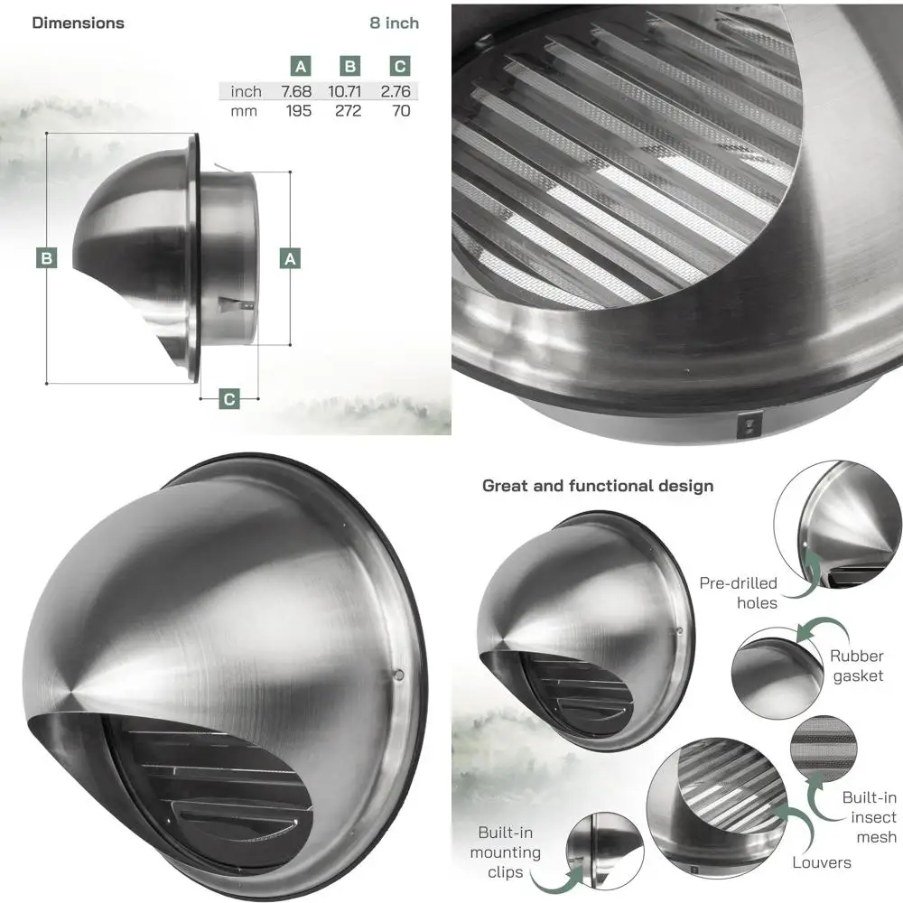 

8-дюймовая круглая вентиляционная решетка из нержавеющей стали для сушилки - настенная, с жалюзи, с защитой от капель и резиновым уплотнителем, подходит для внутреннего и наружного применения в системах ОВКВ