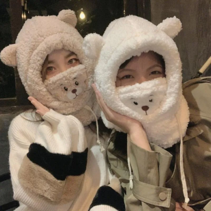 New Cute Bear Scarf Hat Earflap Hat Winter Warm Thickened Plush Cap Outdoor Windproof Ear Protectors Hats with Warm Mask