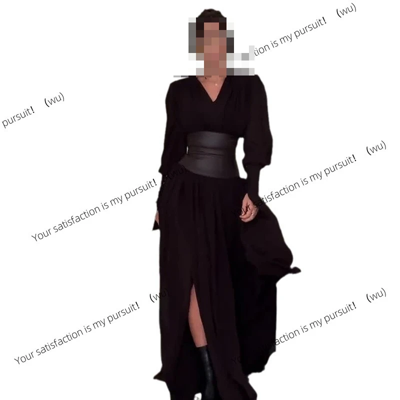 レディース Vネック ファッション ウエストシール スリム スプリットドレス