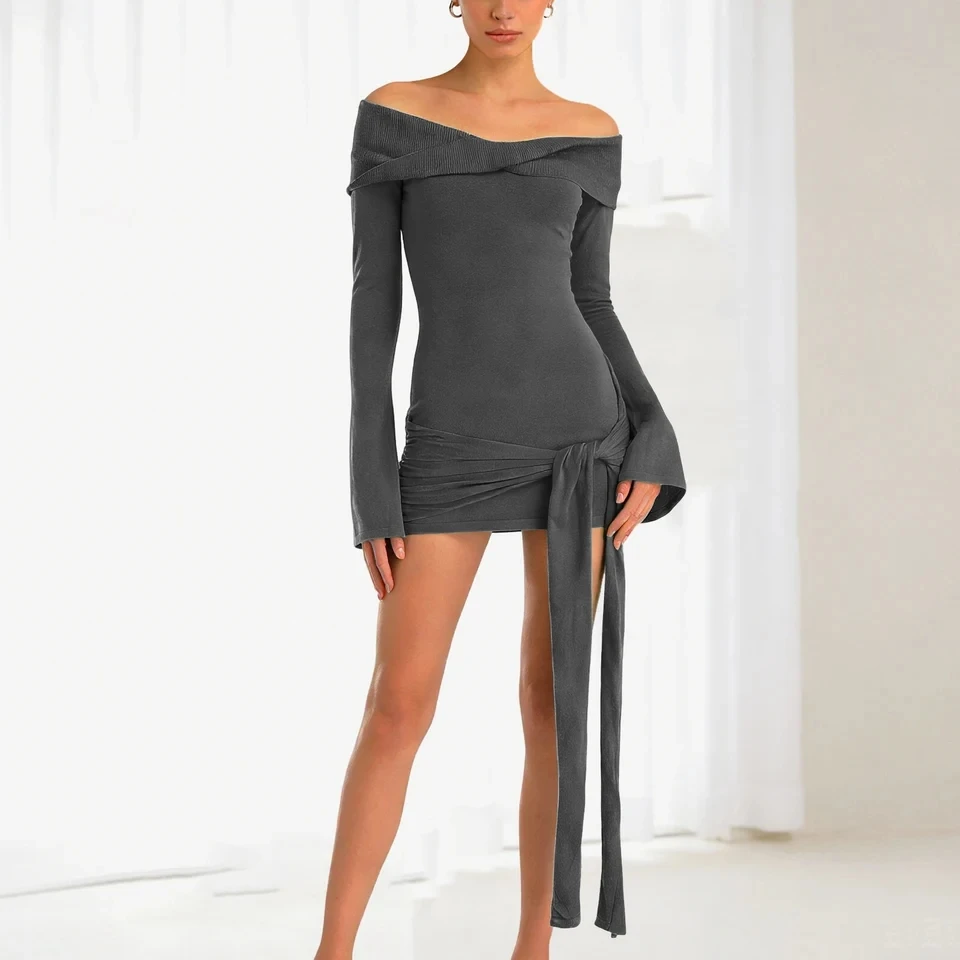 

Sexy Off Shoulder Women Mini Dress Lace Up Knitted Bodycon Dress Elegant Long Sleeve Evening Party Dresses платье