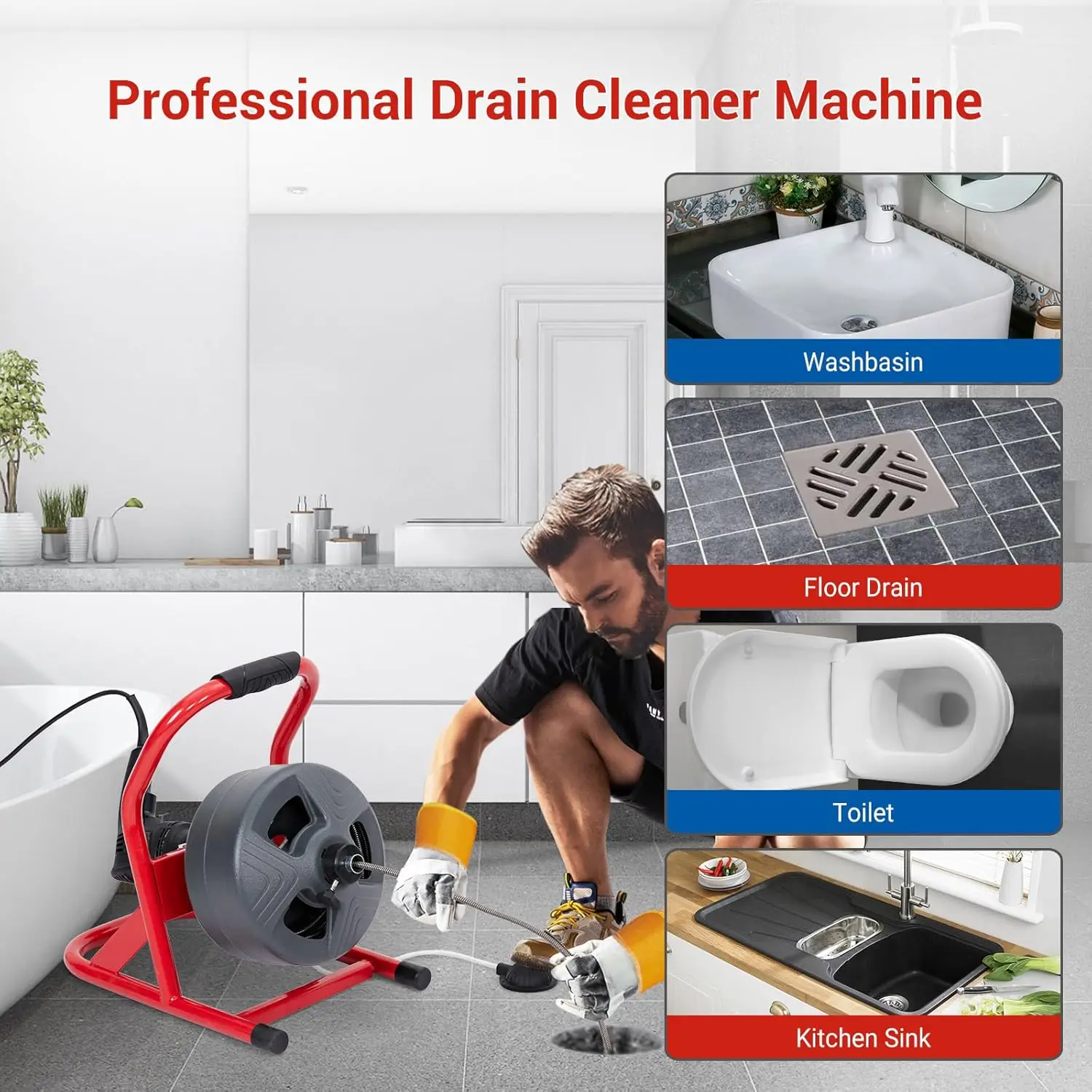 

50Ft x 5/16" Electric Drain Auger, Professional Drain Cleaner Machine for 3/4" to 3" Pipes with Foot Switch, 6 Cutters & Gloves, Heavy Duty Clog Remover for Roots, Grease & Stubborn Blockages