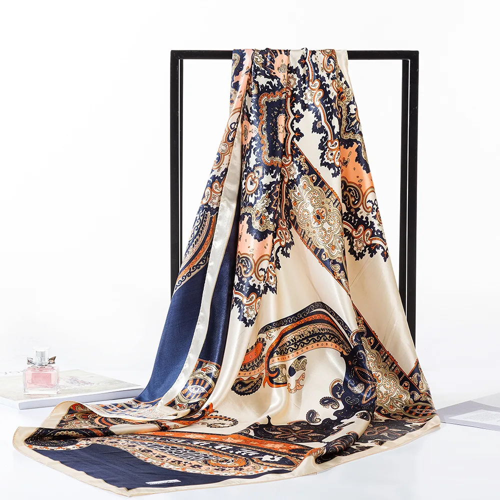 Foulard Carré de Luxe à Fleurs de Cajou pour Femme, 90cm, Bandana, Hijab, Bande Ronde pour Sauna, Cadeau de Noël et de Mariage